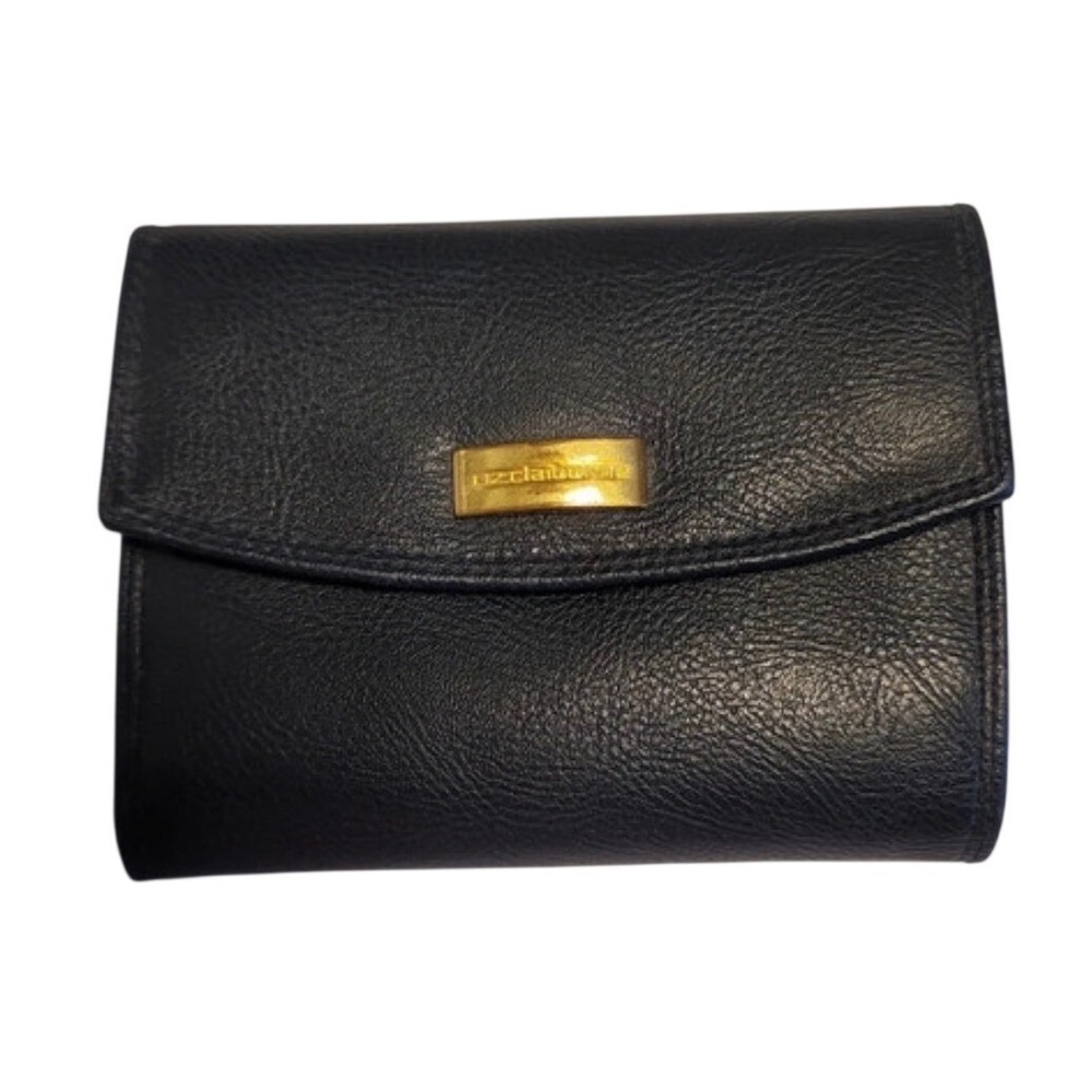 Liz Claiborne Black Leather Trifold Wallet Gold Hardware Zippered Coin Pocket